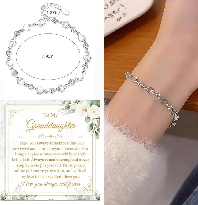 To My Granddaughter Bracelet from Grandma and Grandpa, Heart Chain Bracelet with Shiny Stones, Perfect Birthday or Graduation Christmas Gift for Granddaughter with Message Card and Gift Box