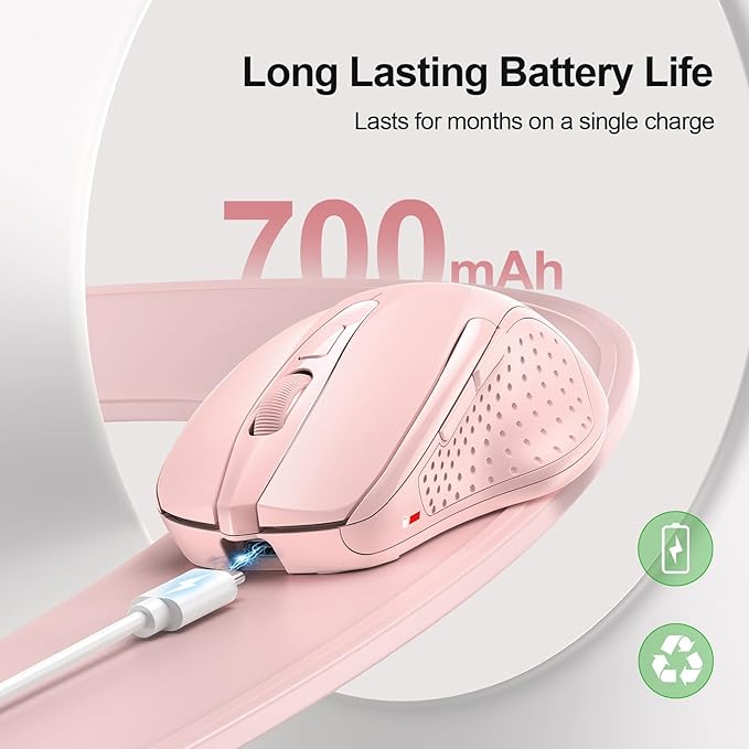 TECKNET Rechargeable Wireless Mouse, 2.4G Silent Mouse, Quiet Click, 6 Adjustable 4800 DPI, Cordless Computer Mouse, Ergonomic Mouse for Laptop, 6 Buttons USB-A Mouse for Chromebook, Ergo Grip - Pink