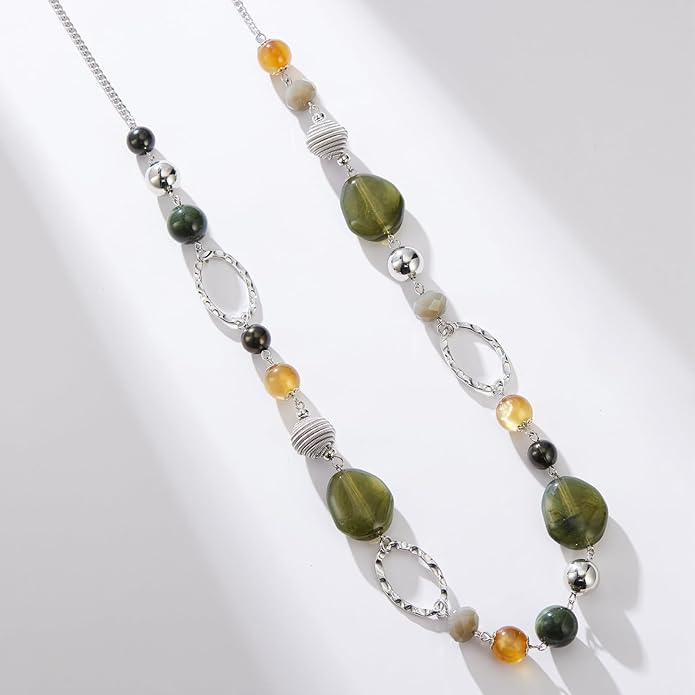 BULINLIN Beaded Long Necklace for Women Silver Sweater Chain Necklace with Crystal Resin Beads, Fashion Jewelry Necklace