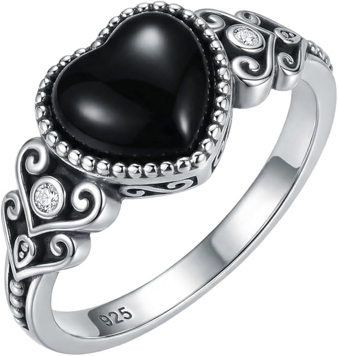 925 Sterling Silver Oxidized Black Onyx Rings for Women - Round & Heart 9mm Onyx Vintage Retro Design, Ideal for Daily Wear