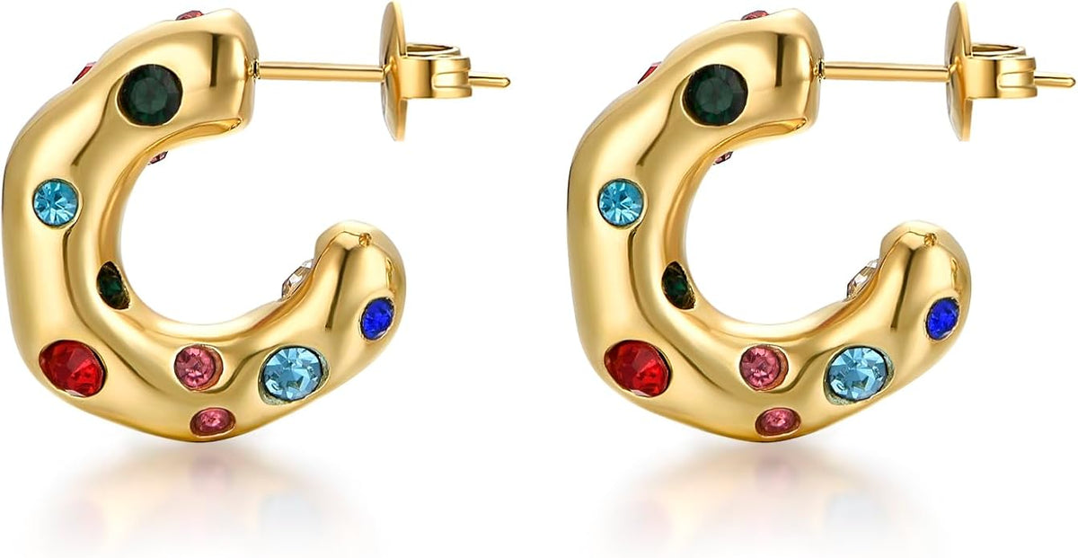 Gold Earrings for Women Girls,14K Gold Plated Hoop Earrings with 925 Sterling Silver Post Cubic Zirconia Stud Earring Huggie Hoops Earrings