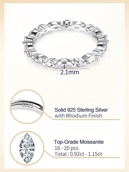 D Color VVS1 Clarity Moissanite Hand Setting Eternity Rings for Women, Solid 925 Sterling Silver Rhodium Finish, Stackable Ring, Wedding Birthday Valentines Anniversary Mothers Day Ideal Gift for Her