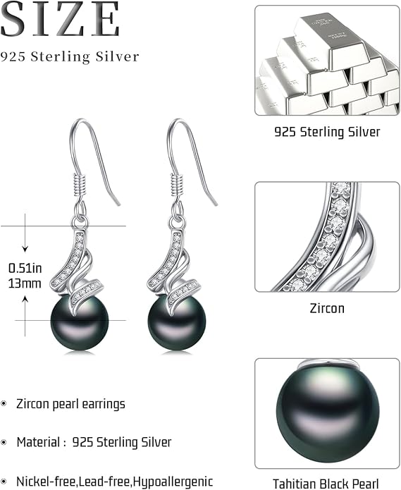 Tahitian Black Pearl Earrings Gifts for Women Wife Celtic Dangle Drop Earrings Wedding Birthday Anniversary Jewelry Valentines Christmas Day Gifts 925 Sterling Silver