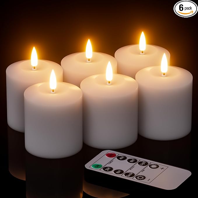 GenSwin Flameless Pillar Candles Flickering with Remote Timer, Battery Operated Real Wax LED Votive 3D Wick Candles 6 Pack White(Battery Include, 2 x 3.2 Inch)