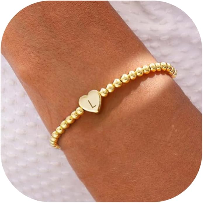 Valentines Day Gifts for Women Her - Dainty Beaded Heart Initial Bracelets Letter A-Z Charm Stretch Bead Ball Bracelet Trendy Jewelry Gifts