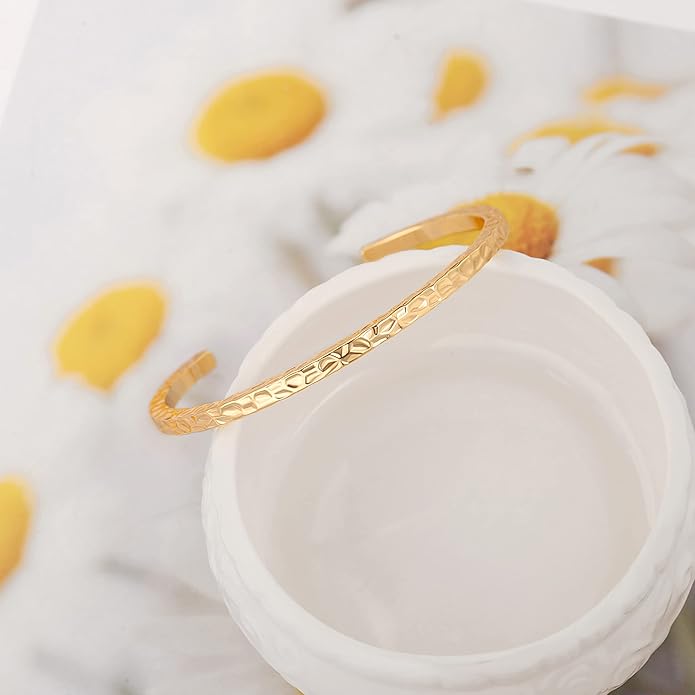 PERNNLA PEARL Dainty Gold Bar Bracelet for Women Simple Delicate Thin Cuff Bangle Hook Bracelet 18K Gold Plated Handmade Minimalist Jewelry