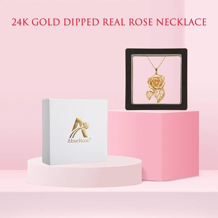 AliveRose Real Rose Gold Dipped Necklace Gifts for Women, 24K Gold Dipped Rose Pendant Necklace Jewelry Mothers Day Anniversaries Birthday Christmas Special Occasions Gifts for Her Mom Wife