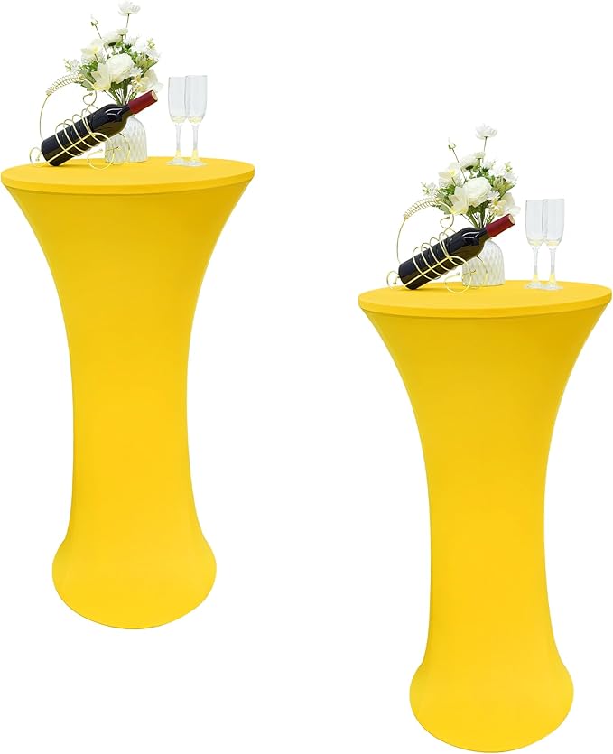 2PCS 24x43 Inch Round Fitted Cocktail Table Cover Yellow Spandex Cocktail Table Cloth Highboy Fitted Tablecloth High Top Table Cloths for Party Pub Banquet Bistro