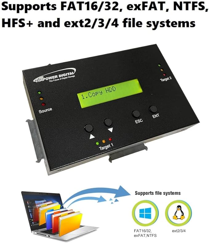 Vinpower 1 to 2 SATA 2.5" & 3.5" Hard Disk Drive/Solid State Drive (HDD/SSD) Clone Duplicator and DOD Level Eraser