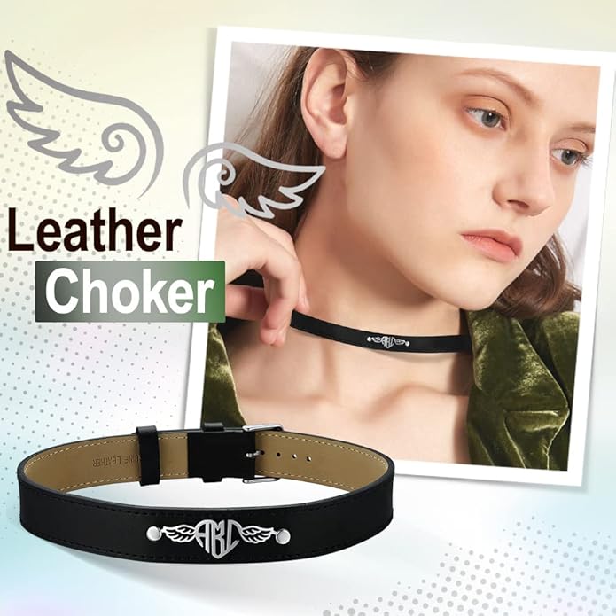Custom4U Personalized Black Leather Choker Necklace with Picture/Name/Initials/Letters Charm,Custom Made Adjustable Choker Collar Gothic Punk Necklaces Jewelry Gifts for Women