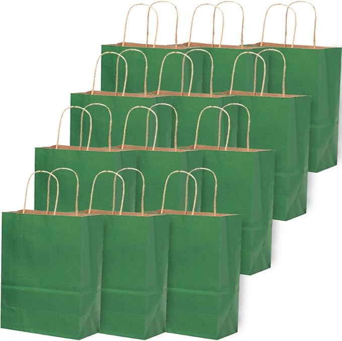 qiqee Large Kraft Paper Bags with Handles 13"x10"x5" 32 pcs Gift Paper Bag Deep Green Solid Color Bags（Large Size）