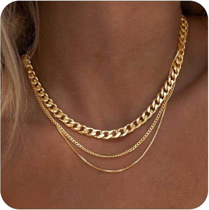 3PCS Gold Necklaces for Women,Chunky Statement Gold Plated Necklace Stack Layered Sterling Silver Herringbone Chains for Women Dainty Trendy Silver Chains Stacked Jewelry Gifts
