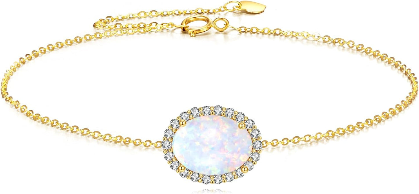 DOVRAN 14K Solid Gold Opal Bracelet Real Yellow Gold Round Opal Cubic Zirconia Bracelet Delicate Jewelry Birthday Gifts for Wife Mom