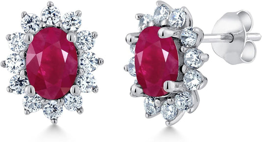 Gem Stone King 7X5MM Oval Gemstone Birthstone Stud Earrings For Women | Princess Diana Royal Halo Style | 925 Sterling Silver | Fine Jewelry Gifts for Anniversary Wedding Her Mom Women Wife