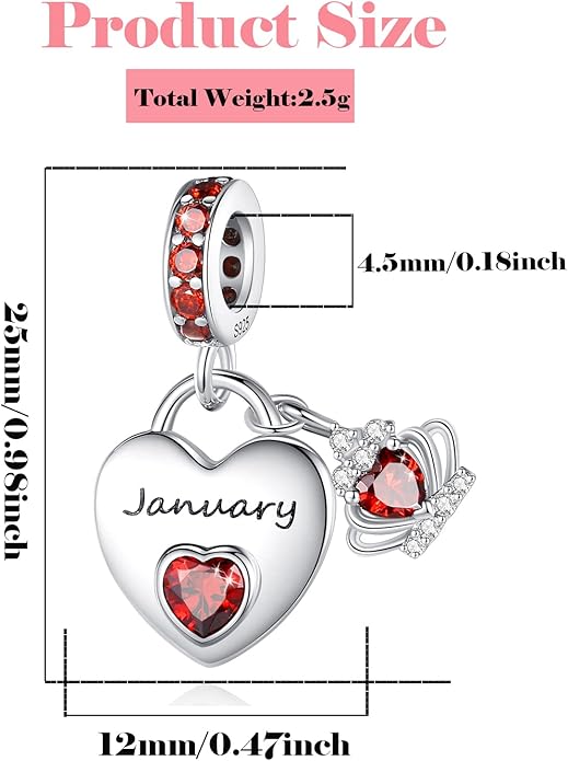 Birthstone Charms for Charms Bracelet: 925 Sterling Silver Heart Dangle Charms for Bracelets and Necklaces, Birthday Mother's Day Christmas Gifts For Women.
