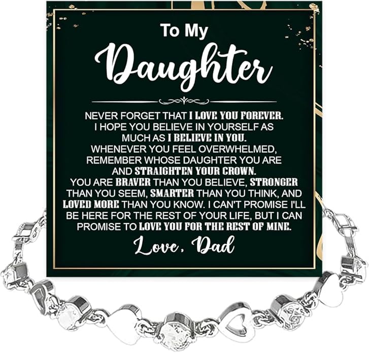 To My Daughter Bracelet, Silver Heart Chain Bracelet with Shiny Stones, Perfect Birthday or Graduation Christmas Gift for Daughter with Message Card Gift Box