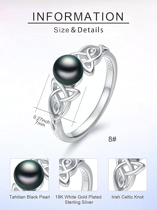 Tahitian Black Pearl AAAA 18K White Gold Plated Sterling Silver Rings for Women Wife Mom Girlfriend Valentine Her Jewelry Gift for Christmas Wedding Anniversary Birthday Graduation