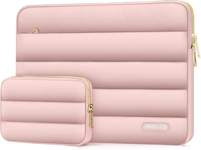 MOSISO 13.3 inch Laptop Case, 13-13.3 inch Puffy Laptop Sleeve Compatible with MacBook Air 13 13.6 M4 M3 M2 M1/Pro 13/Pro 14, HP Dell ASUS Lenovo,Polyester Horizontal Bag with Small Case, Pink