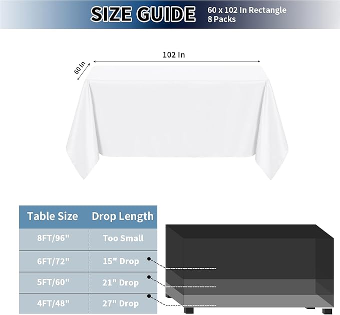 PureFit 8 Pack Rectangle White Table Cloths 60 x 102 Inch for 6Ft Tables, Stain and Wrinkle Resistant Table Linens for Home Use, Wedding, Party, Banquet and Camping
