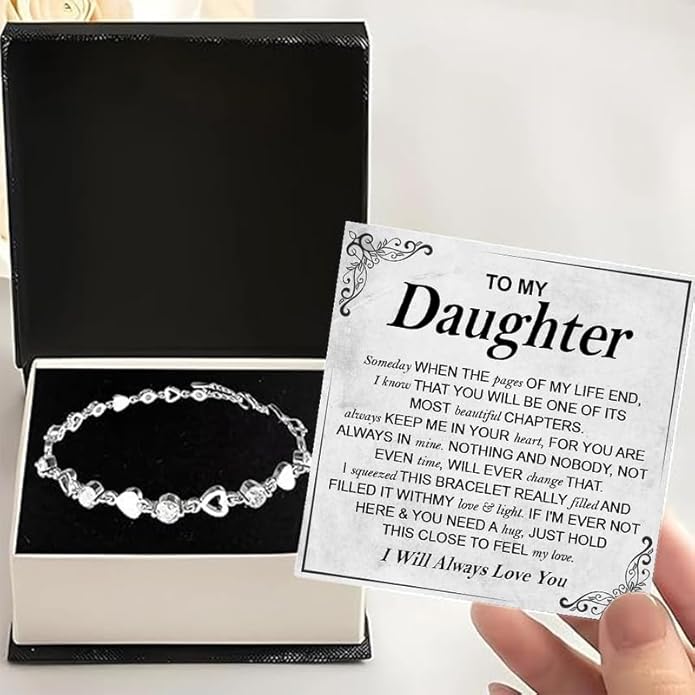 To My Daughter Bracelet, Silver Heart Chain Bracelet with Shiny Stones, Perfect Birthday or Graduation Christmas Gift for Daughter with Message Card Gift Box