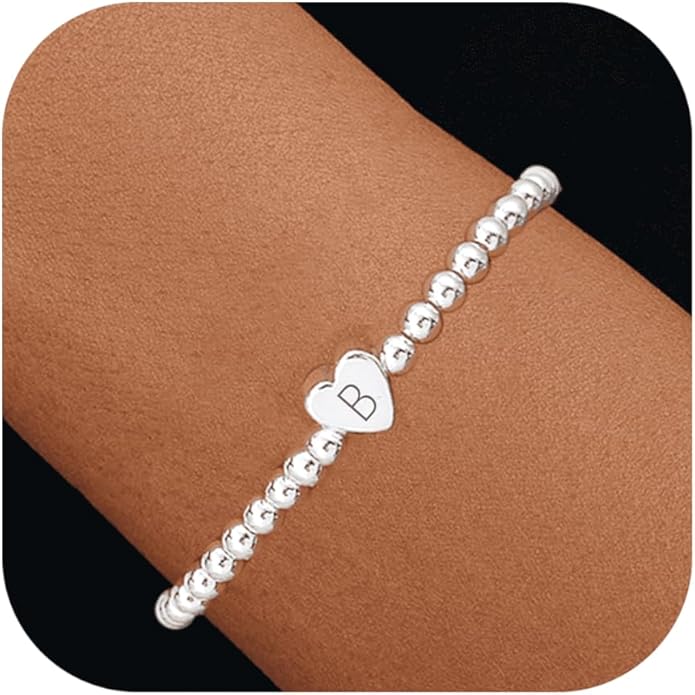 Valentines Day Gifts for Women Her - Dainty Beaded Heart Initial Bracelets Letter A-Z Charm Stretch Bead Ball Bracelet Trendy Jewelry Gifts