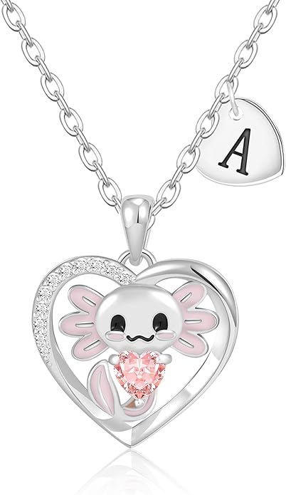 C-leen Axolotl Valentines Day Gifts for Her, 14K Gold Plated Axolotl Initial Necklace Cute Heart Initial Pendant Necklaces Birthday Valentines Day Gifts for Kids Girls Women