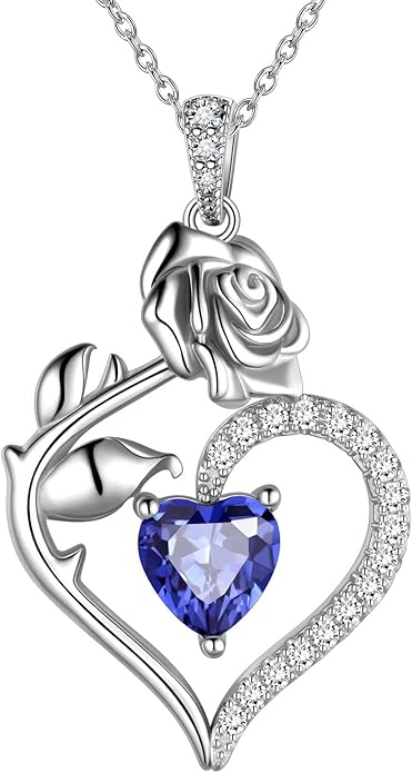 Jewmon Valentine Day Gifts for Her Rose Heart Birthstone Necklace for Women 925 Sterling Silver Birth Stone Flower Rose Necklace Anniversary Love GIfts for Girlfriend Wife Mom Birthday Gifts for Her