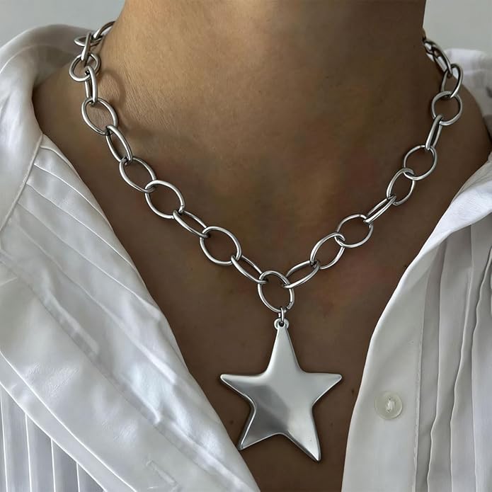 Large Star Necklace Chunky Gold Necklace for Women Trendy Silver Big Statement Necklaces Bold Thick Paperclip Necklaces OT Toggle Chunky Jewelry Holiday Christmas Jewelry Gifts Stocking Stuffers