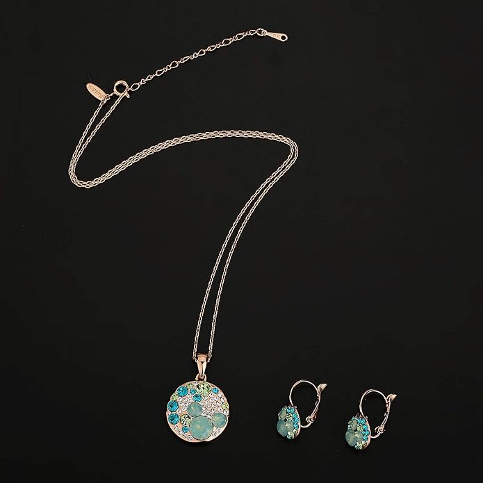 EVEVIC Austrian Crystals Round Disc Pendant Necklace Earrings for Women 14K Gold Plated Hypoallergenic Jewelry Sets