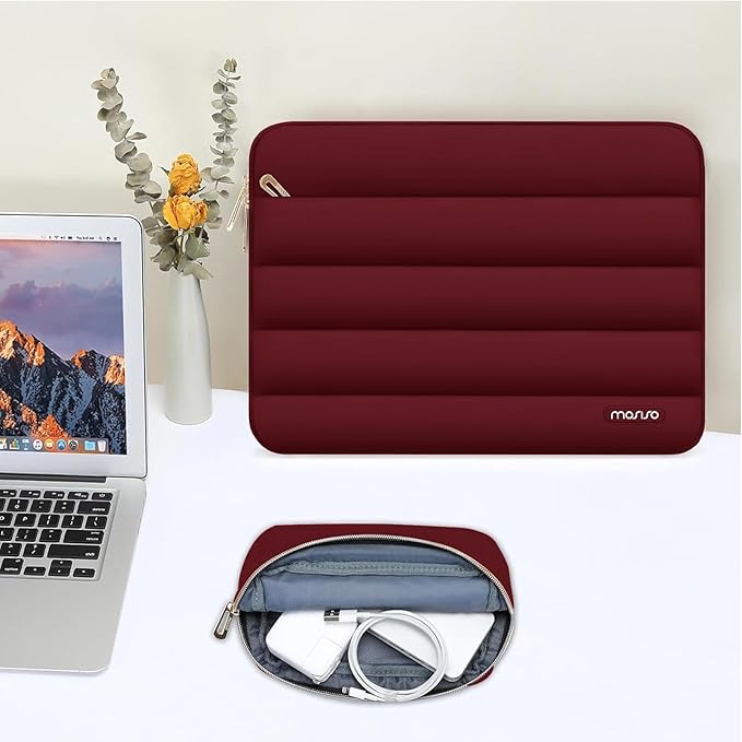 MOSISO 15-15.6 inch Laptop Case, 16 inch Puffy Laptop Sleeve Compatible with MacBook Pro 16, HP Dell ASUS Acer Toshiba Lenovo Notebook Computer, Polyester Horizontal Bag with Small Case, Red