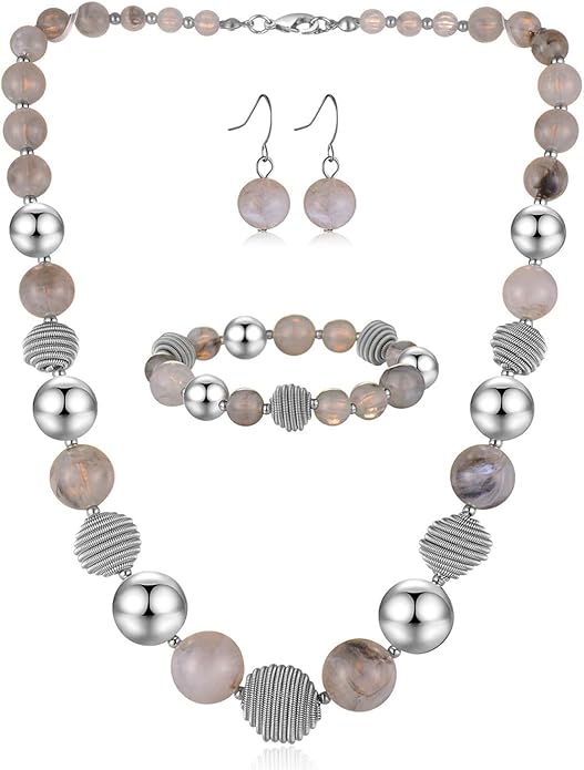 PEARL&CLUB Beaded Chunky Statement Necklace Earring and Bracelet Set Silver Metal Bead Fashion Jewelry Set Mothers’ Day Gifts for Women