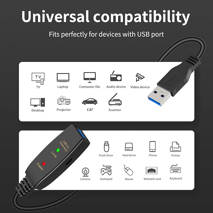 LDKCOK Active USB 3.0 Extension Cable 100ft– Male to Female Extender Cord, USB Extension Cable for USB Flash Drive, Card Reader, Hard Drive, Keyboard, PlayStation, Xbox, VR, Printer, Camera, Laptop