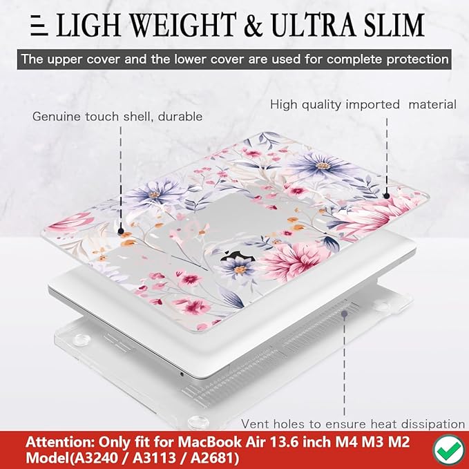 CISSOOK Flower Case for MacBook Air 13.6 Inch M4 M3 M2 Chip Model A3240 A3113 A2681, Plastic Shell Cover with Keyboard Cover Screen Protector for MacBook Air 13 2022-2025, Flowers Watercolor
