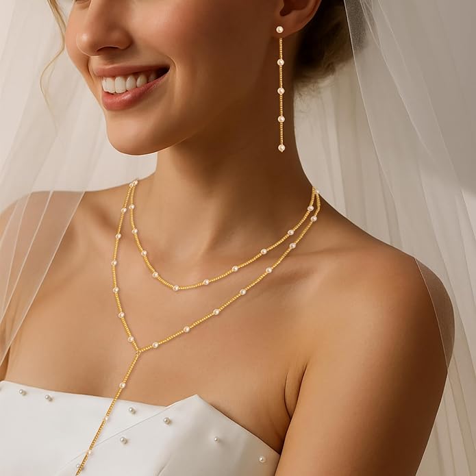 Gold Jewelry Set for Women - Dainty 14K Gold Plated Pearl Necklace and Earring Set with Drop Earrings, Bracelets, Choker Necklace - Wedding Jewelry Gift