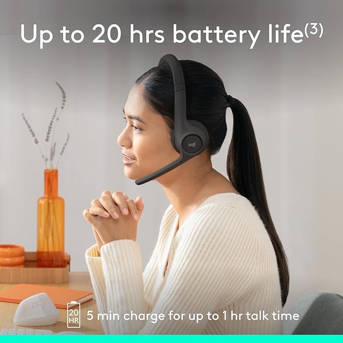Logitech Zone 301 Wireless Bluetooth Headset with Noise-Canceling Microphone, Compatible with Windows, Mac, Chrome, Linux, iOS, iPadOS, Android – Graphite