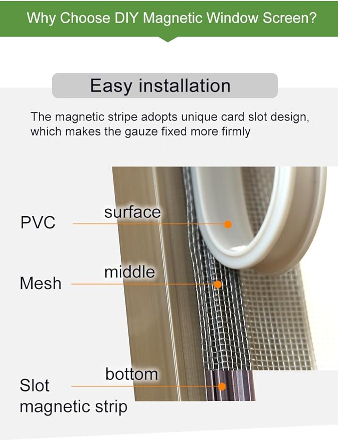 VKX Adjustable DIY Magnetic Window Screen, Fiberglass Mesh, Strong(720GS) Magnetic Strips, White Frames Grey Mesh, Suitable for Various Types of Screen Windows (45"x49")