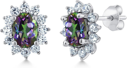 Gem Stone King 7X5MM Oval Gemstone Birthstone Stud Earrings For Women | Princess Diana Royal Halo Style | 925 Sterling Silver | Fine Jewelry Gifts for Anniversary Wedding Her Mom Women Wife