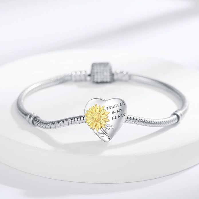 925 Sterling Silver Sunflower Charms Fit Pandora Charms Bracelet Forever In My Heart Fit Wife Mother's Day Christmas Birthday Gift