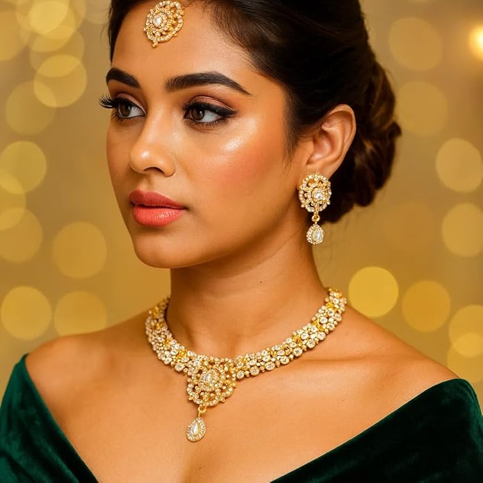 Touchstone Indian jewelry sets for women gold wedding tikka necklace set guest costume fancy bridal jewellery rhinestone crystal elegant formal prom evening wear dainty accessories