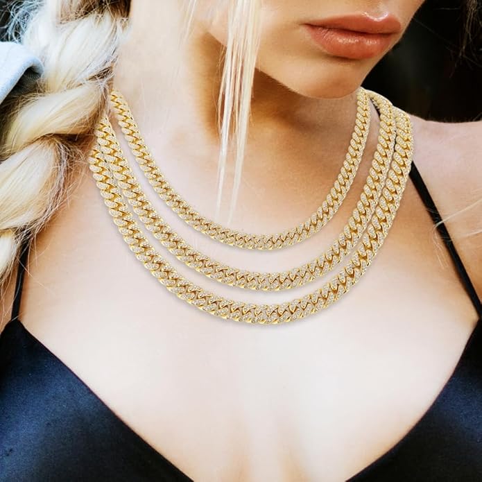 HH BLING EMPIRE 14k Gold/Silver Cuban Link Chain for Women Iced Out Diamond Chunky Cuban Link Necklace Chain Bracelet 2pcs Sets