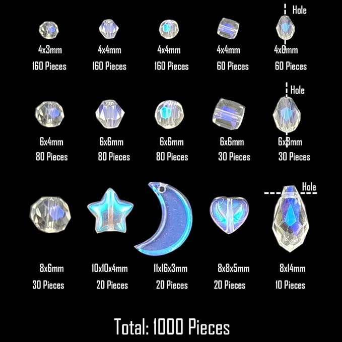 INSPIRELLE 1000 Pieces Crystal Glass Beads AB Finish Assorted Sizes and Shapes Bulk Faceted Beads for Jewelry Bracelet Making