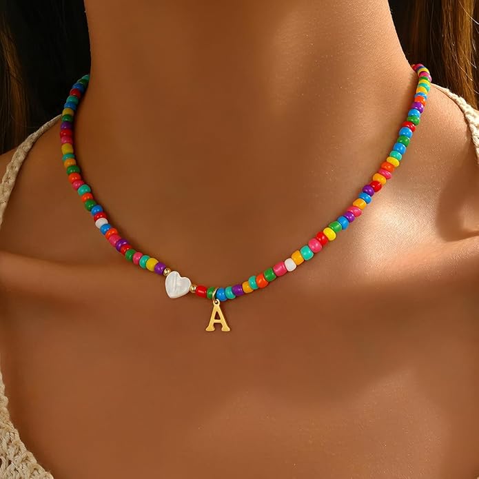 Valentines Day Gifts for Kids Women Girls - Colorful Beaded Initial Necklace Teen Girls Trendy Stuff Dainty Letter A-Z Choker Necklace Valentines Day Gifts for Her Mom Jewelry