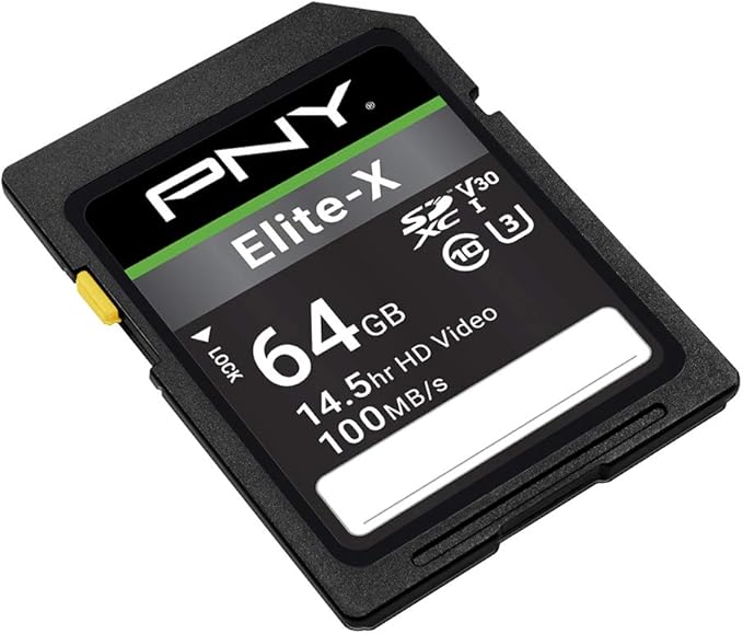 PNY 64GB Elite-X Class 10 U3 V30 SDXC Flash Memory Card - 100MB/s, Class 10, U3, V30, 4K UHD, Full HD, UHS-I, Full Size SD (Pack of 1)