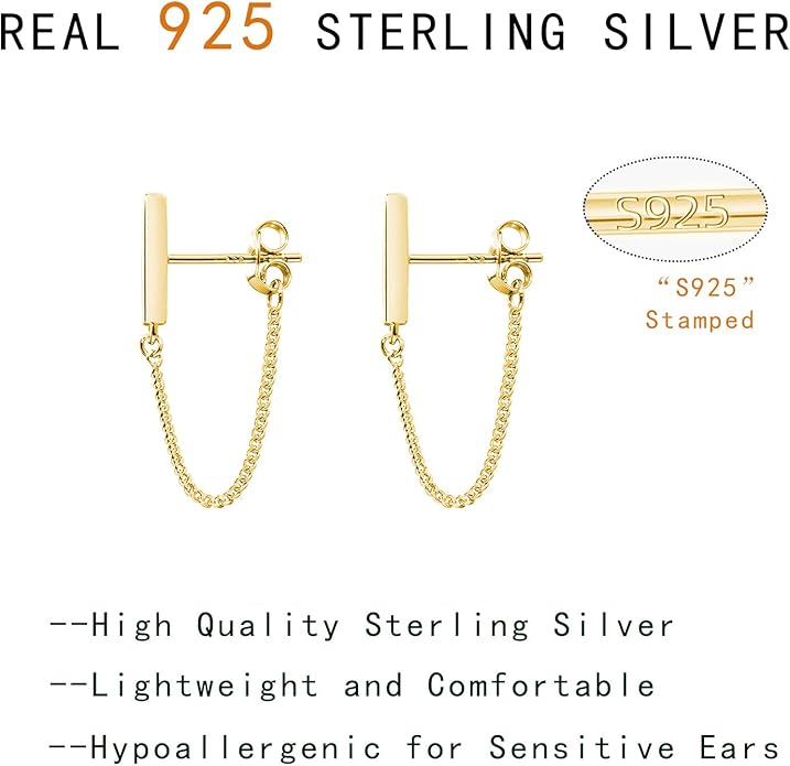 Reffeer Solid 925 Sterling Silver Stud Earrings Minimalist Bar Earrings with Chain Dangle Earrings For Women