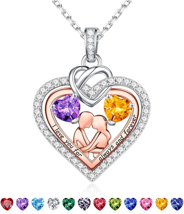 Iefil Valentines Day Gifts for Her - 925 Sterling Silver Double Heart Birthstone Necklace for Women, Anniversary Birthday Gifts for Wife I Love You Gift Couple Sitting Hugging Each Other Jewelry Gift