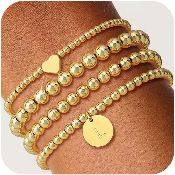 Howoo Gold Bracelets for Women Beaded Initial Bracelet Stack Dainty Heart Stretch Gold Charm Bracelet Jewelry for Women Trendy