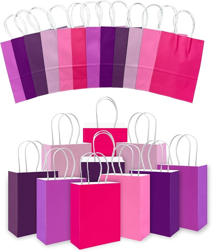 qiqee 30PCS Medium Gift Bag with Handles Bulk 11"x5"x8" Gift Bags 6 Different Pink ＆ Purple Color Bags Multiple Uses (Medium Size)
