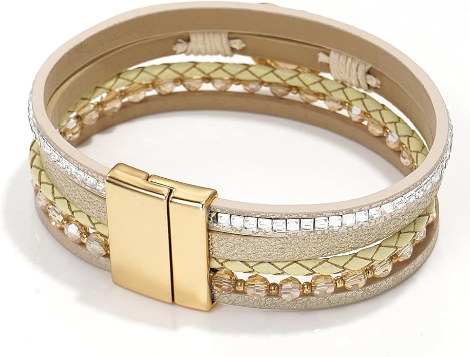 Suyi Multilayer Leather Wrap Bracelet Heart-Shape Wide Cuff Bracelets for Women