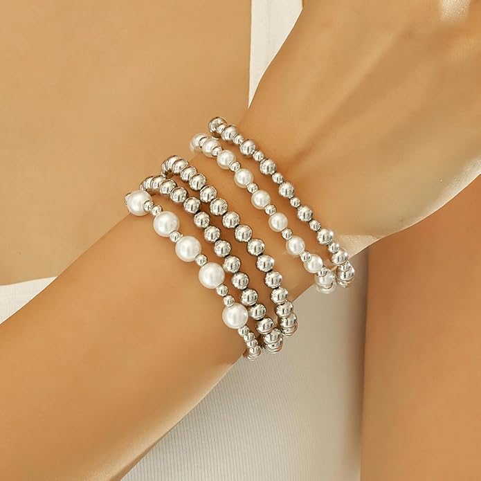 wgoud Gold Bracelets for Women - Trendy 14K Real Gold Plated Beaded Bracelet Set with Stretch Beads, Waterproof, Adjustable, Perfect Gifts