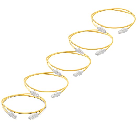 TRUECABLE Cat6 Component Rated Patch Cable, Unshielded (U/UTP), 3ft, Yellow, 28AWG Solid Copper, Snagless 10G High-Speed Ethernet Cable, PoE++ 4PPoE 100W, UL Listed, RoHS-3, 5 Pack